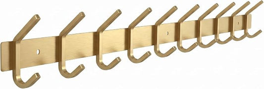 Brushed Gold Wall Mounted Coat Rack – 30 Inch Stainless Steel Rail with 10 Double Coat Hooks for Entryway, Bathroom, Bedroom, Kitchen – Modern Gold Hook Rack for Coats, Hats, Towels