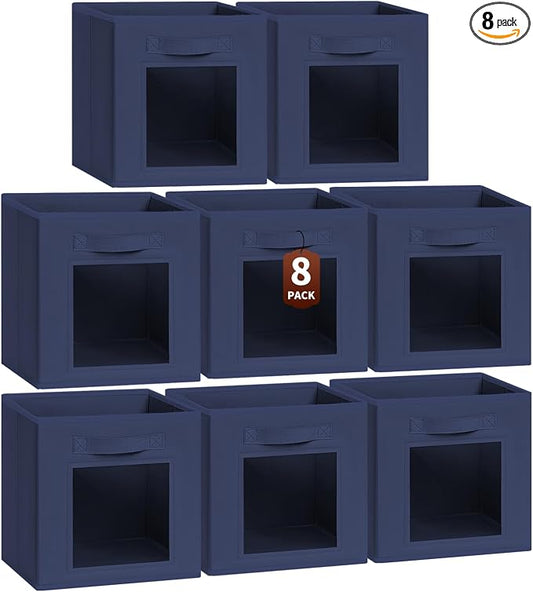 Storage Cube 11 Inch - Cube Storage Bins with Window, Closet Storage Baskets with Handle, Fabric Bins for Closet, Shelves, Toys, Clothes, Set of 8, Navy Blue