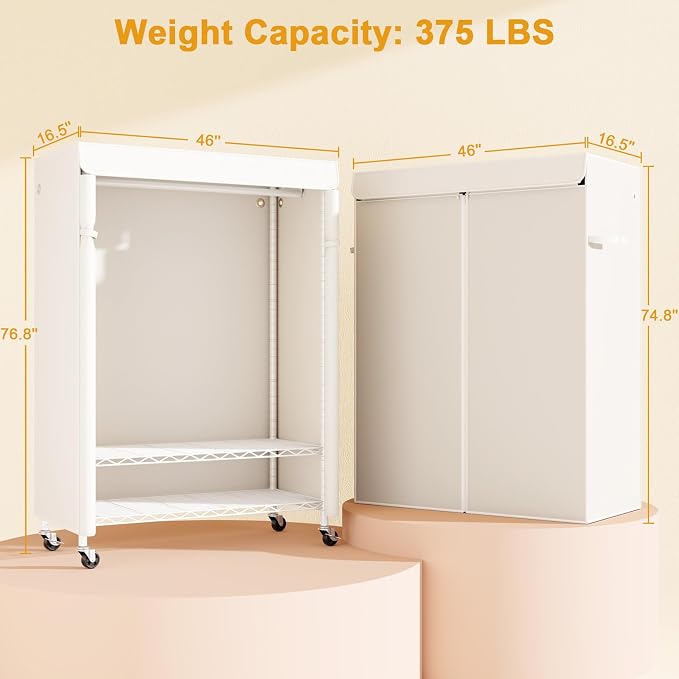 P6C Plus Rolling Clothes Rack with Cover, Covered Clothing Rack | Portable Closets for Hanging Clothes, Heavy Duty Garment Rack on Wheels, White Closet Rack with White Cover, Max Load 375LBS
