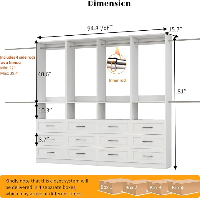 Closet System with 12 Drawers, 8FT-21FT Custom Closet Organizer System Modular Walk in Closet Freestanding Corner Closets Storage with 8 Hanging Rods & 4 Shelves, White (8FT)