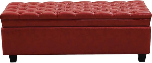 WUTUTUEE 50" Faux Leather Storage Ottoman Bench, End of Bed Upholstered Rectangle Storage Ottoman Tufted Living Room Bedroom Bench with Safety Hinge, Solid Wood Legs, Loads 500 lb(Red)