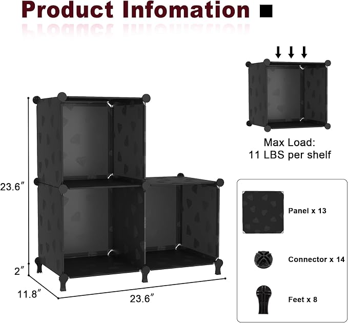 UNKU 3 Cube Storage Organizer, Closet Organizer Storage Shelves,Black | DIY Stackable Bookcase, Clothes Organizer Shelf for Closet, Bedroom, Living Room, Cabinet, Home, Office