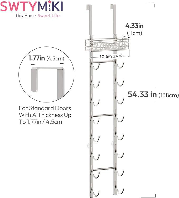 SWTYMIKI Hanging Towel Racks for Bathroom - 9 Tier Over the Door & Wall Mounted Bath Rolled Towel Storage Organizer Holder for Small Bathroom, RV, Camper (Polished Nickel, 9-Tier)