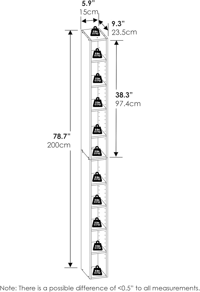 Furinno Fulda Book Shelf, 10-Tier Bookshelf, Space Saving Storage Shelf Bookcase, 9.2 x 5.9 x 78.7, for Living Room, Bedroom, Home Office, Blackwood