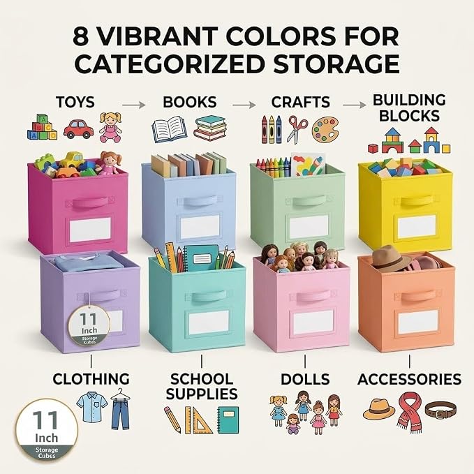SUREMAX 11 Inch Cube Storage Bin with Label Window,8 Pack 8-Color Collapsible Storage Bins for Closet Organizers and Storage, Fabric Foldable Storage Cubes for Kids Room & Shelves