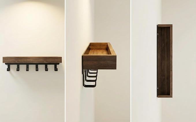 Wall Mount Key Holder with Shelf - Decorative Mail Organizer and Key Hooks for Entryway, Paulownia Wood with Mounting Hardware (9.64”W x 2.36”H x 2.75”L)