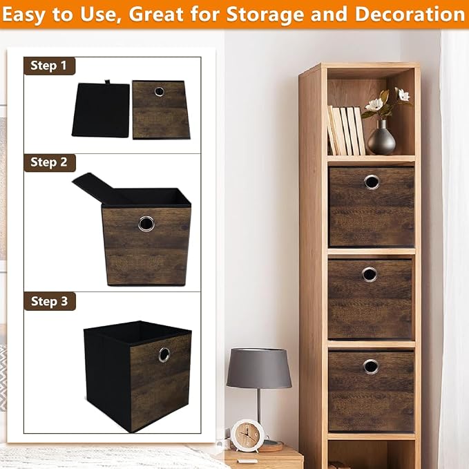 4 Pack Durable Storage Cube Bin with Decorative Wood Grain,Stylish Thickened Fabric Cube Box,Space-saving Storage Basket for Shelves,Closet,Office,Bedroom,Living Room,Nursery,Dorm,RV,13x13x13in(Large)
