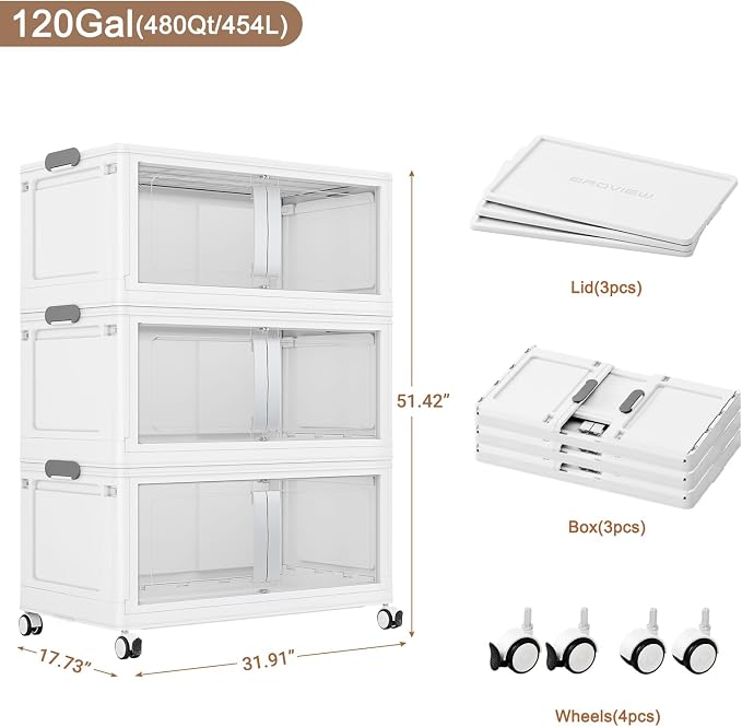 BROVIEW 480Qt Extra Large Stackable Storage Bins with Lids, 120Gal Collapsible Storage Bin with Wheels Clear Door, Folding Plastic Closet Organizers and Storage Drawers for Home Kitchen, 3 Pack White