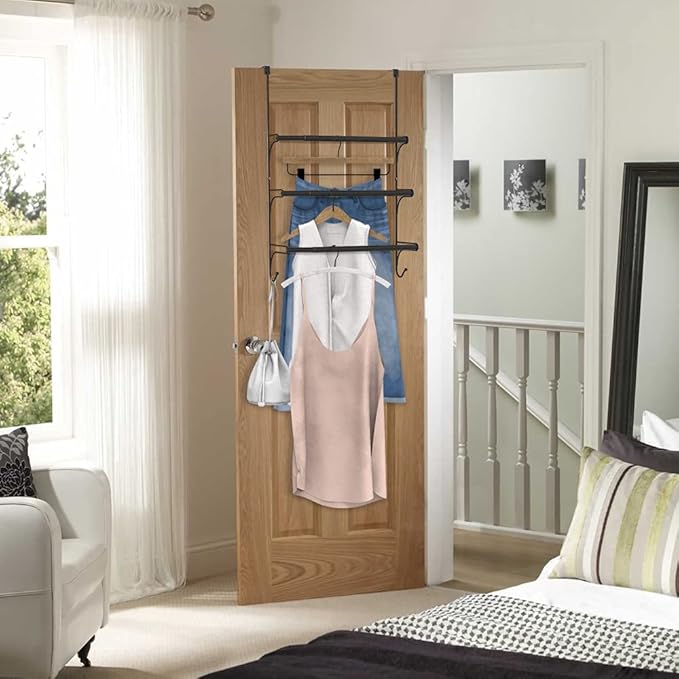 Auledio Adjustable Over the Door Triple Towel Rack with Hooks,Black