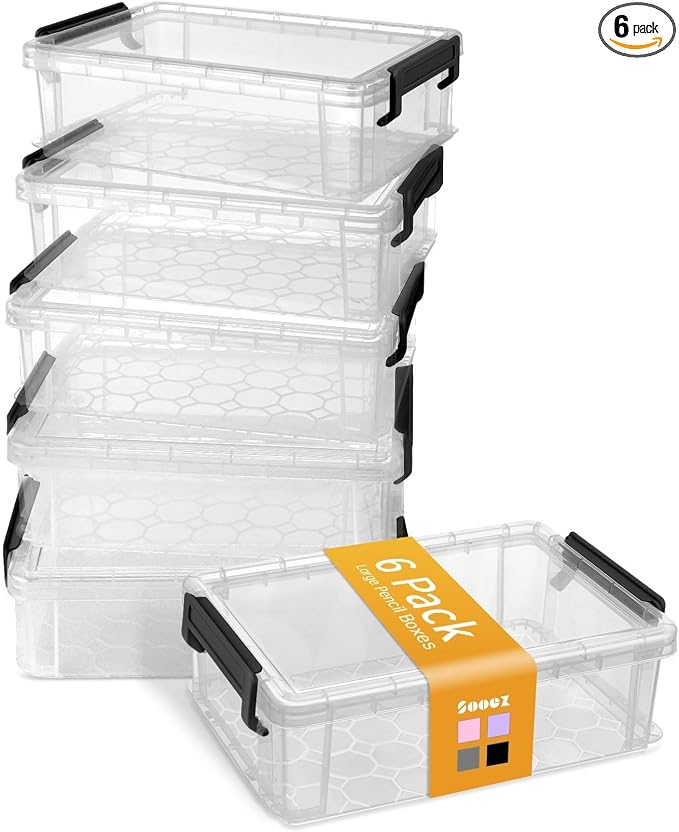 Sooez 6 Pack Extra Large Pencil Box, Plastic Pencil Case Crayon Box | Clear Marker Organizer Plastic Containers with Lid, Stackable Storage Boxes for Art Craft,Back to School Supplies, Black