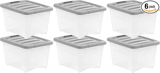 Amazon Basics Plastic Storage Containers with Secure Latching Lids, Stackable Organization Bins, Clear/Grey, 19 Quart, Set of 6