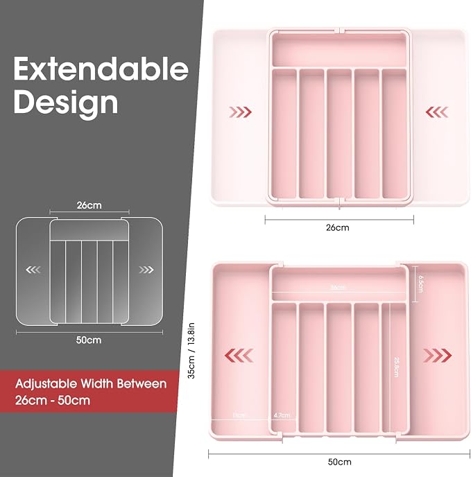 Aujen Silverware Drawer Organizer, Adjustable Utensil Cutlery Tray | Expandable Kitchen Organizer for Forks Knives, Multipurpose Kitchen Storage, Apartment Essentials, Pink, Large