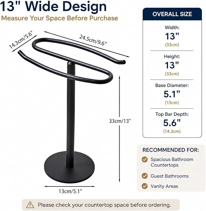 Matte Black Hand Towel Holder Stand,13 Inch Free-Standing Towel Rack, SUS304 Stainless Steel Towel Bar Rack Stand, Tower Bar for Bathroom Kitchen Vanity Countertop…