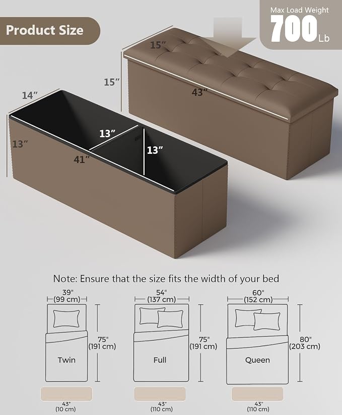 Folding Storage Ottoman Bench, Brown, 43 Inches | Multi-Functional Ottoman Foot Rest, End of Bed Bench, Storage Chest, Living Room, Bedroom, Hallway, Entryway, 600 lb Capacity