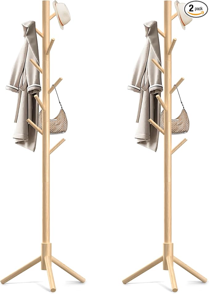 Aliphon Wooden Coat Rack Stand, Freestanding Coat Rack with 8 Hooks, 3 Adjustable Size Coat Tree for Hats, Coats, Scarves bags, Coat Hanger Stand Used in Bedroom/Office/Entryway,2 PCS (Natural)