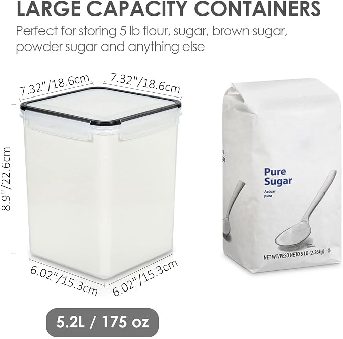 Vtopmart 5.2L Flour Sugar Storage Containers, 4 PCS, Black | For Bulk Flour and Sugar Storage, Airtight Seal, Multiple Sizes, BPA Free, Food Grade Material, Dishwasher Safe (Not Lids)