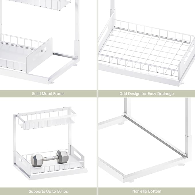 Under Kitchen Sink Organizer 2 Tier, Pull Out Bathroom Sink Organizers and Storage, Cabinet Kitchen Bathroom Storage Organization Shelf, 2 Pack White