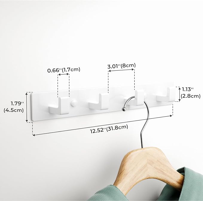 White Coat Rack Wall Mount - 12.5" Rail with 4 Right-Angle Hooks(2 Pack) | Drill-Mounted Organizer for Coats, Hats, Bags in Entryway, Bathroom, Bedroom
