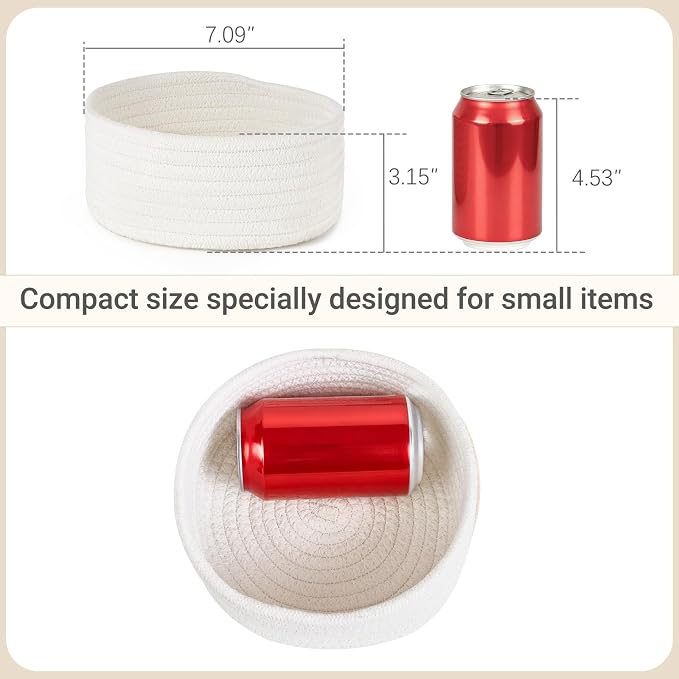 Dahey 4 Pcs Small Woven Baskets Set, Mini Cotton Rope Storage Bins for Organizing, Cute Tiny Round Decorative Baskets for Gifts, Living Room Bathroom Home Decor, 7.09"W x 3.15"H, White