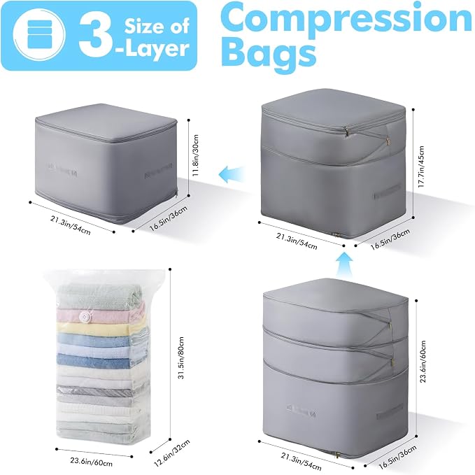 Comforter Storage Bag-Ultra Space Saving Large Self Compression Organizer for Comforters and Blanket,3-Layer Zipper Self-Compressing Organizer for Storage Bedding. (Gray, 3 Pack)
