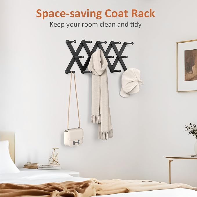 Accordion Wall Hanger, Hat Rack for Wall with 14 Coat Hooks, Expandable Hat Hangers Organizer, Vintage Decorative Coat Rack Wall Mount for Purse, Mug (Black)