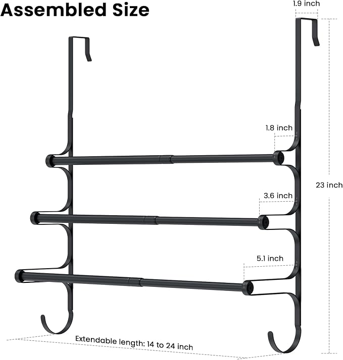 CANYAVE Over The Door Towel Rack, Extendable Triple Towel Storage Holder with Hooks, 24.02 Inches Towel Bar Hanger Towel Racks for Bathroom (Black)