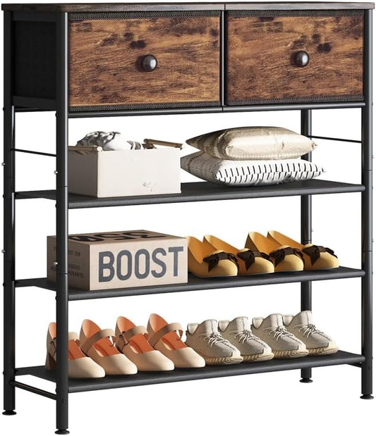 INGIORDAR 5 Tier Shoe Rack Storage Organizer with 2 Drawers MDF Board | Metal space-saving Shoe Shelf stores 16 Pairs of Shoes for Closet Entryway Bedroom Living Room Garage Black+Rustic Brown