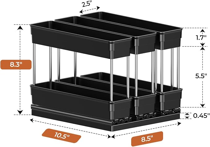 Mystozer Pull Out Spice Rack Organizer for Cabinet, Slide Out Spice Racks Organizer, Easy to Install Spice Cabinet Organizers, 8.5''Wx10.5''Dx8.3''H, 3 Drawers - 2 Tiers (Black)
