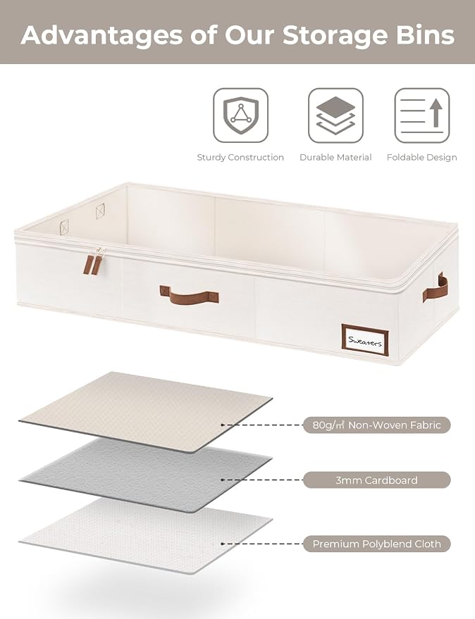 StorageWorks Extra Large Under Bed Storage Containers with Handles and Label Holder, 2 Pack Ultra-thick Fabric Underbed Bins, Closet Organizer for Clothes, Blankets, Sweater