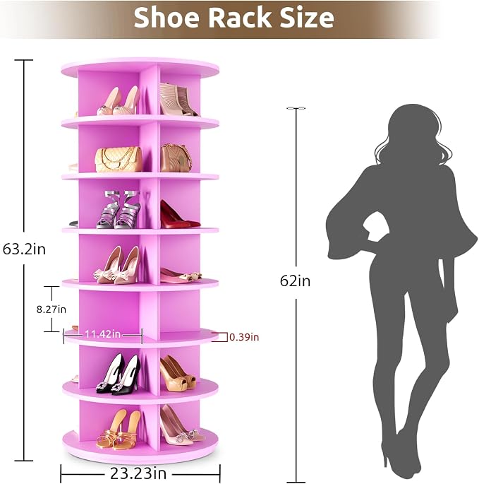 Rotating Shoe Rack 7 Tier Spinning Shoes Organizer Tower for 28-32 Pairs Lazy Susan 360 Revolving Shoe Storage Cabinet Rotate Shoe Handbag Rack Round Carousel for Closet, Bedroom (Pink)