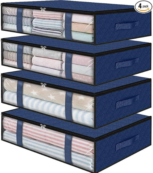 StorageRight Under Bed Storage Bags, 4 Pack, 40L, Blue | Breathable Non-Woven Fabric with a Clear Window and Zippered Top for Clothes, Comforters, Blankets and Seasonal Storage