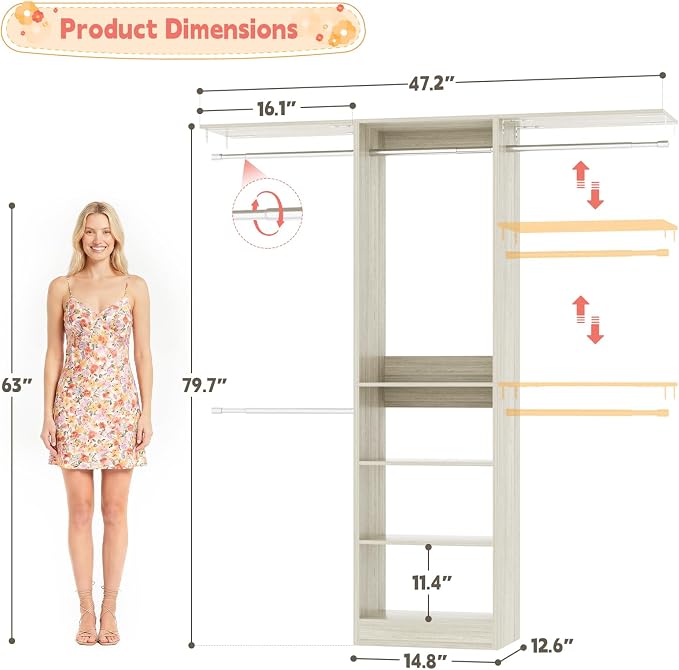48" Small Closet System, Space-Saving Wall-Mounted Wardrobe Organizer, Mini Garment Rack for Narrow Spaces, Morning Outfit Prep Station & Nursery Dress-up Storage, White Oak