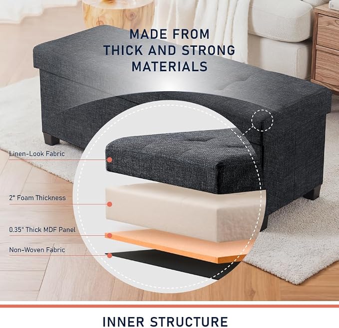 Ornavo Home 43" Large Storage Ottoman Bench with Legs, Black | Foot Rest Stool; Ottoman with Hidden Storage; Ideal for Bedroom, Living Room, Entryway or Home Office