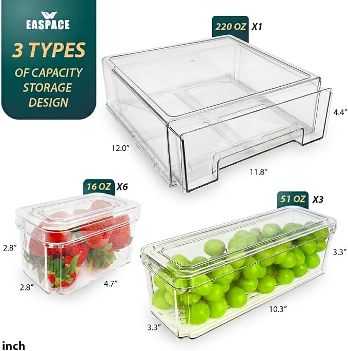 Fridge Organizer Bins with Drawer, 10-Pack Clear Stackable Container Set, BPA-Free Plastic Refrigerator Storage Containers for Food, Fruits, Vegetables, Meats, Salads (Multi-Purpose)