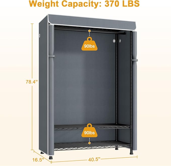 H5C Plus Clothes Rack with Cover, Covered Clothing Rack Heavy Duty | Garment Rack with Shelves, 3-Tier Portable Closets for Hanging Clothes, Max Load 370LBS, Black Closet Racks with Gray Cover