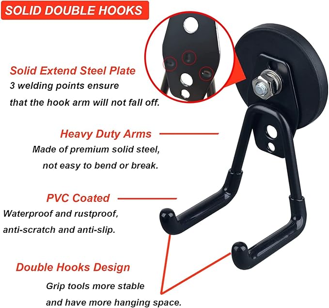 Magnetic Hooks Heavy Duty Garage Hooks Tools Organizer Anti-Slip Strong Magnetic Hooks Utility Magnet Hanging Hooks for Garage, Warehouses, Kitchen, Power Tools 2PCS Black