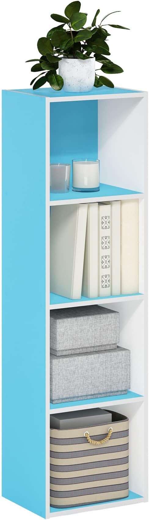 Furinno PASIR Book Shelf, 4-Tier Modern Bookshelf, Open Shelves Bookcase 9 x 12 x 42, Easy Assembly, for Living Room, Bedroom, Home Office, Light Blue/White