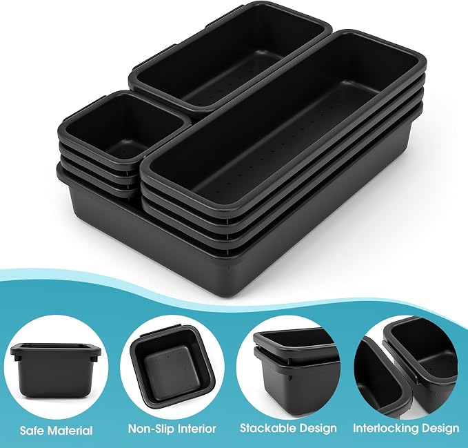 StoreHappily 10 PCS Drawer Organizer Set, 4 Size Makeup Drawer Divider Organizer With Non-Slip Pads, Interlocking Plastic Storage Bins for Office,Jewelry Vanity,Gadgets, Bathroom,Kitchen, Black