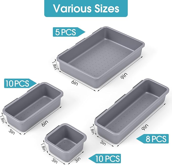 33 PCS Drawer Organizer Set, 4 Size Makeup Drawer Divider Organizer With Non-Slip Pads, Interlocking Plastic Storage Bins for Office,Jewelry Vanity,Gadgets, Bathroom,Kitchen, Grey