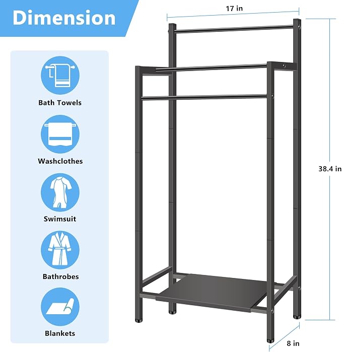 Free Standing Towel Racks for Bathroom, 3 Tier Towel Drying Rack with Movable Storage Shelf, Tall Metal Towel Rack Stand for Outdoor Pool, Black