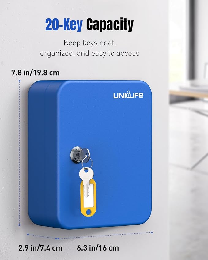 Uniclife 20 Keys Key Lock Box, Wall Mount Key Box, Lock Box for Keys, Key Lockbox with Tags, Key Cabinet, Key Holder Storage Box for Home Office & Company, Blue
