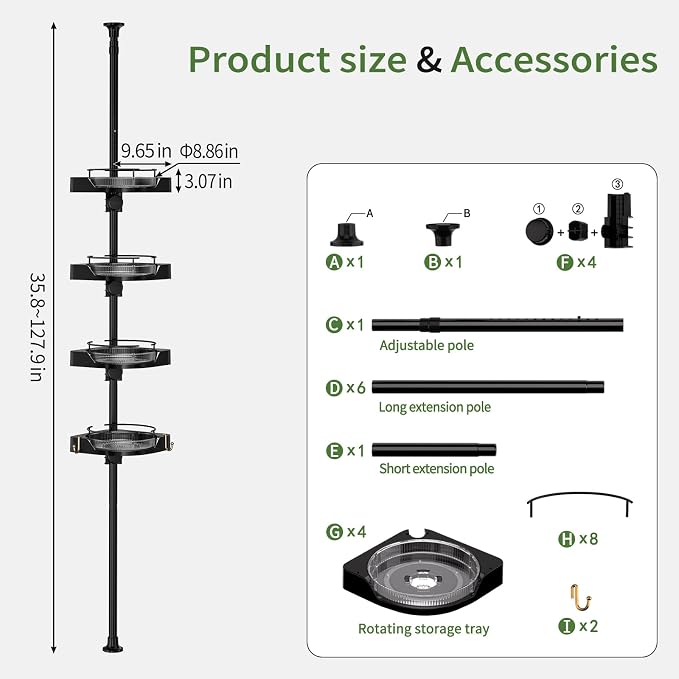 akinbas 360° Rotating Shower Caddy Tension Pole with 4-Tier Rustproof Lazy Susan 35-128 Inch No Drilling Coner Shelves Adjustable Shower Rack for Bathroom Bathtub Washbasin Plant Storage (Black)