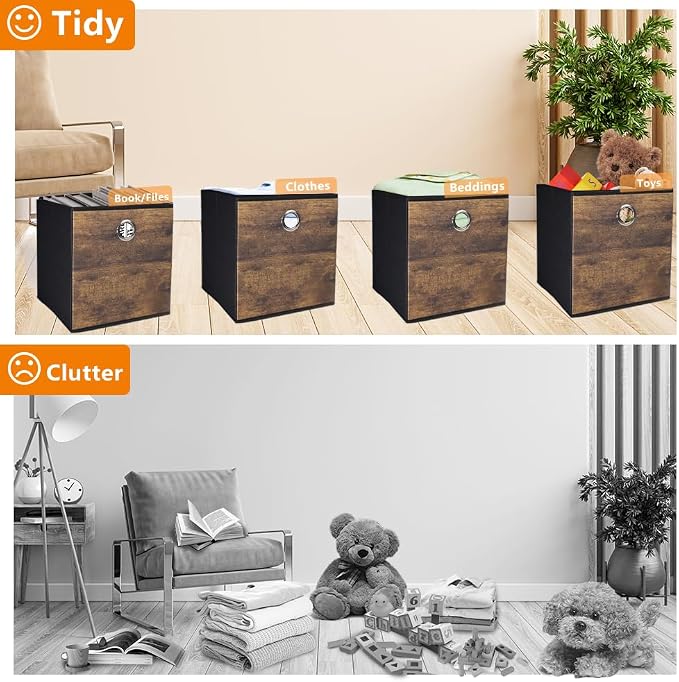 4 Pack Durable Storage Cube Bins with Wood Grain,Thickened Fabric Box,Storage Baskets for Open Shelf,Bookcase,Closet,Storeroom,Bedroom,Living Room,Nursery,Office,Dorm, 10.2x10.2x11in (Small)