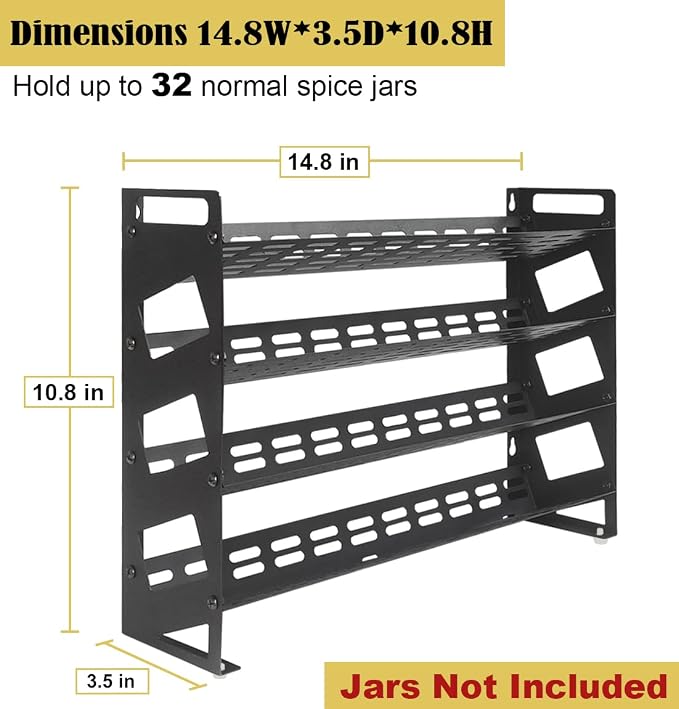 4 Tier Countertop Spice Rack Organizer for Kitchen Cabinet Pantry or Wall Mount, Matte Black (Jars Not Included)