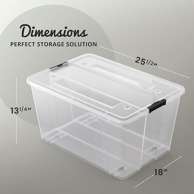 Lifetime Appliance Parts 4 PACK 75 Qt. Plastic Storage Bin Tote Organizing Container with Ultra Durable Lid & Secure Latching Buckles Stackable Extra Strength Clear w/Black Handle