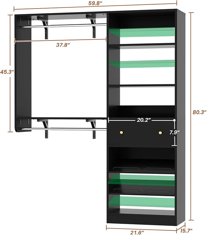 Closet System with Drawer - Reversible 5FT Wood Closet Organizer System with 2 Hanging Rods and Adjustable Shelf, Walk In Closet Organizers with Shoe Rack, Built-In Garment Rack Clothes Rack, Black