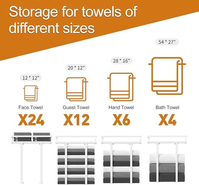 Towel Racks for Bathroom Wall Mounted, Xstydes Metal Towel Holder with Wooden Shelf for Folding Large Towels, Towel Storage for Small Bathroom Organizer Decor or RV Camping,White
