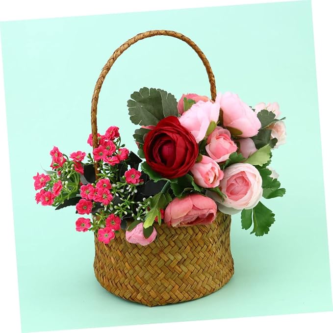 Natural Seagrass Basket Woven Storage Baskets Flower Container Straw Woven Decor Handle Design Home Office Decor