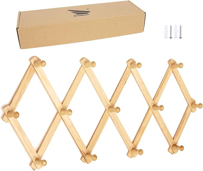 AMAPON Accordion Wall Hanger Expandable Coat Hat Rack 13 Peg Hook Mug Cap | Hang Hats Jackets Coffee Mug Purses Necklaces Towels Cap Leash Scarves Data Line Kitchenware