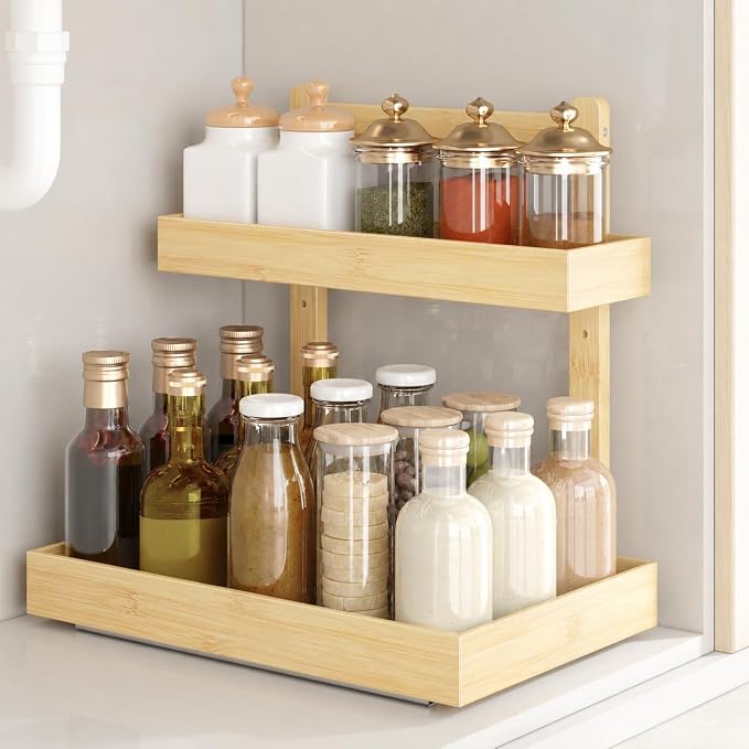 Bamboo Under Sink Organizer, 2-Tier Pull Out Cabinet Organizer | Kitchen Sink Organizer | Bathroom Cabinet Organizer | Cleaning Supply Storage | L-Shape | 3-Level Adjustable | Natural Bamboo